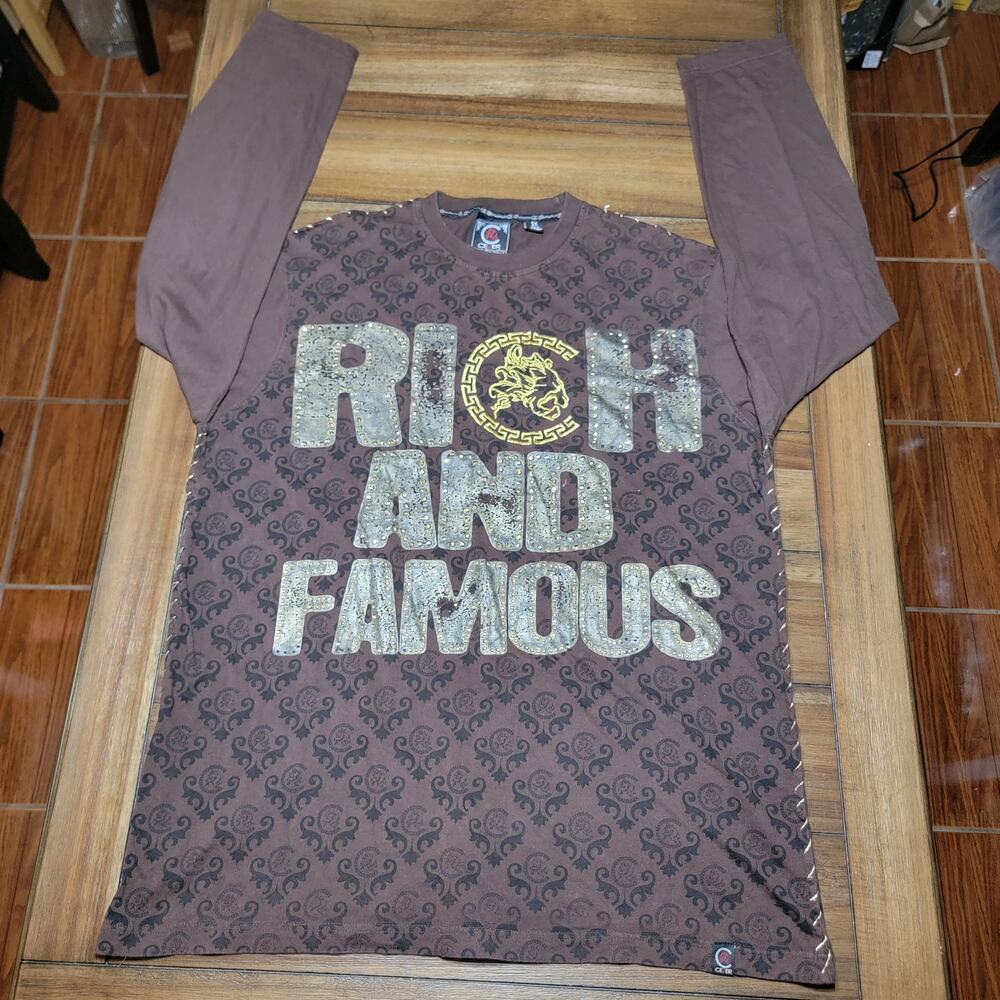 Cezer LS Brown Unisex Tee w/ Bling "Rich And Famous" - Size 3X